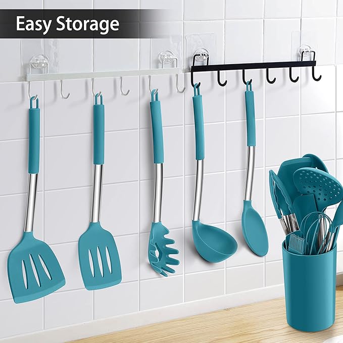 LIANYU 15-Piece Kitchen Cooking Utensils Set with Holder, Silicone Kitchen Tools Stainless Steel Handle, Slotted Spatula Spoon Turner Tong Whisk Brush for Cooking, Dark Blue - Image 7