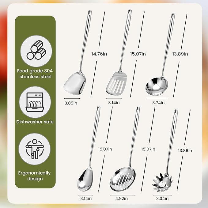 VALESKA 6PCS Stainless Steel Cooking Utensils Set,18/10 Metal Kitchen Utensils Set, Include Wok Spatula Stainless Steel,Metal Pasta Spoon and etc,Easy to Clean - Image 2