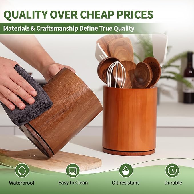 Wooden Utensil Holder, 360°Rotating 7.3'' Large Utensil Holder for Kitchen Counter, Kitchen Utensil Organizer, Utensil Crock, Farmhouse Kitchens Countertop Decor, Cherry-finish - Image 4