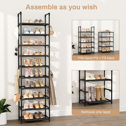 VTRIN 10 Tiers Tall Shoe Rack Holds 20-25 Pairs of Shoes Sturdy Vertical Shoe Organizer with 18pcs Hooks Stackable Narrow Shoe Rack for Closet, Entryway Black - Image 5