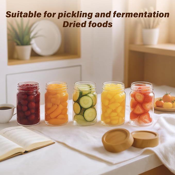 6-Pack 8 fl oz Stackable Airtight Glass Jars (with Acacia Wood Lids + Sticker Labels) – Small Mason Jars designed for overnight oats, spices, dry goods, and kitchen organization.