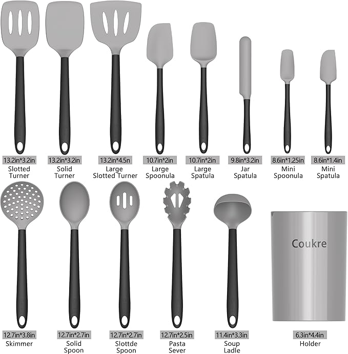 Coukre Silicone Kitchen Cooking Utensils Set with Holder – Heat-Resistant, Food-Grade Kitchen Tools, Spatula, Spoon & Gadgets for Non-Stick Pans, Dishwasher Safe (14, Gray) - Image 2