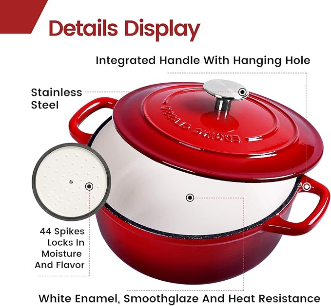 EDGING CASTING Enameled Cast Iron Dutch Oven, 5.5 Quart, Round Dutch Ovens Pot with Dual Handle for Bread Baking, Dutch Ovens with Lid, Bread Oven, Red - Image 4