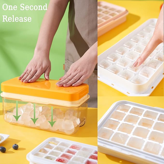 Ice Cube Tray with Lid and Bin, 64 pcs Ice Tray Kit with Ice Scoop, Ice Cube Pop Out Tray, Ice Cube Trays for Freezer, Ice Cube Molds, BPA Free, Easy Release Stackble Spill-Resistant ZZWILLB (Orange)