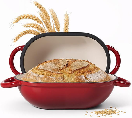 2 QT Oval Dutch Oven for Bread Baking, Enamelled Cast Iron Bread Oven for Sourdough, Sourdough Loaf Pan with Lid, Heavy-Duty Non Stick Bread Pan for Homemade Bread Baking, Red