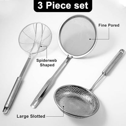 Spider Strainer & Skimmer Spoon Set, 3-Piece Stainless Steel Ladle Metal Wire Sieve Large Holes Slotted Colander Fryer Scoop Fine Mesh Strainers with Long Handle, Food Sifter for Kitchen Cooking