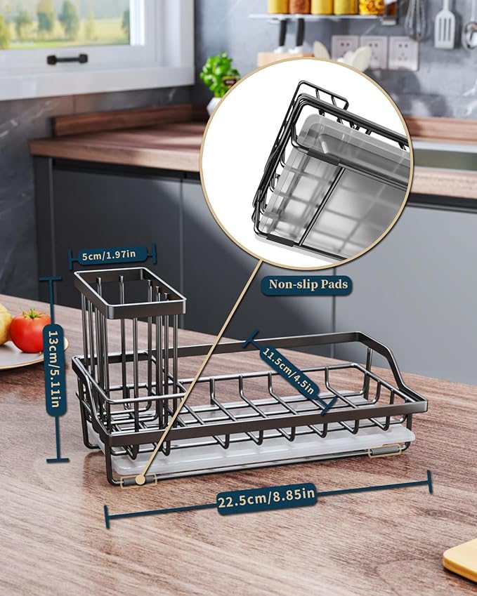 Consumest Sink Caddy, Kitchen Sponge Holder with Dish Brush Holder, Kitchen Sink Organizer with Drip Tray for Countertop Stainless Steel Rustproof, Black-Large - Image 7