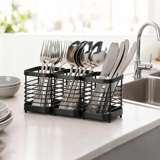 Utensil Holder, Stainless Steel Utensil Drying Rack for Kitchen Counter, Silverware Cutlery Flatware Holder Forks, Knives, Spoons, Chopsticks Organizer (Black) - Image 6