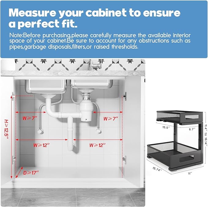 2-Pack Under Sink Storage Organizer, Large 2-Tier Elegant Mesh Pull Out Shelf for Kitchen and Bathroom Cabinet Organization, L-Shaped and Adjustable Height Design,Patent Pending-Black - Image 2