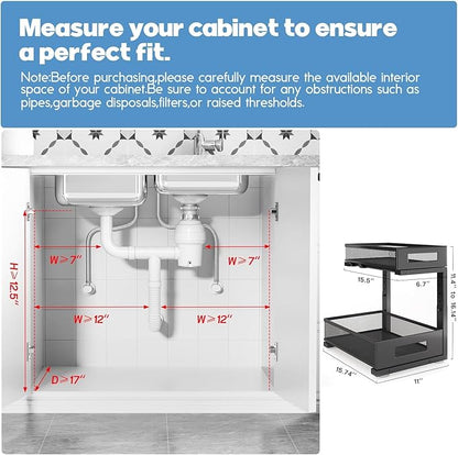 2-Pack Under Sink Storage Organizer, Large 2-Tier Elegant Mesh Pull Out Shelf for Kitchen and Bathroom Cabinet Organization, L-Shaped and Adjustable Height Design,Patent Pending-Black - Image 2
