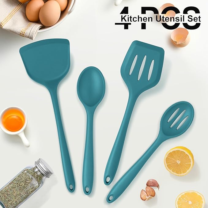 P&P CHEF Kitchen Utensil Set, 4 Pieces Non-stick Silicone Cooking Utensils, Heat-resistant Slotted Solid Spoon Turner for Frying, Mixing, Serving, Non-toxic & Easy to Clean, Blue - Image 6