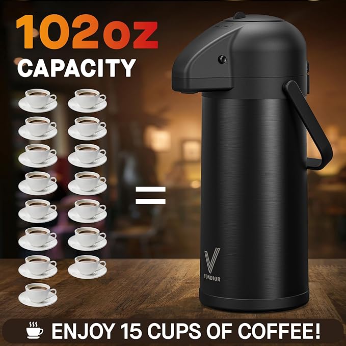 Airpot Coffee Carafe for Keeping Hot - 102 OZ/ 3.0L Coffee Dispenser with Pump - Insulated Stainless Steel thermal carafe for Hot Drinks Water Tea Chocolate - Hot Beverage Dispenser for Parties - Image 5