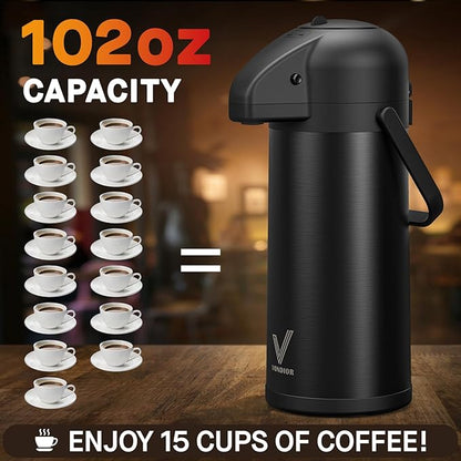 Airpot Coffee Carafe for Keeping Hot - 102 OZ/ 3.0L Coffee Dispenser with Pump - Insulated Stainless Steel thermal carafe for Hot Drinks Water Tea Chocolate - Hot Beverage Dispenser for Parties - Image 5