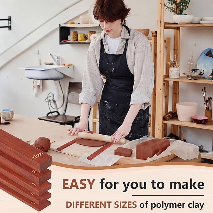 Sasylvia 10 Pcs Pottery Rolling Pin Guides Wood Teaching Rolling Mud Stick Guide Set Polymer Clay Depth Guide Pottery Tools Clay Mudboard Tools (5 Size,Reddish Brown) - Image 5