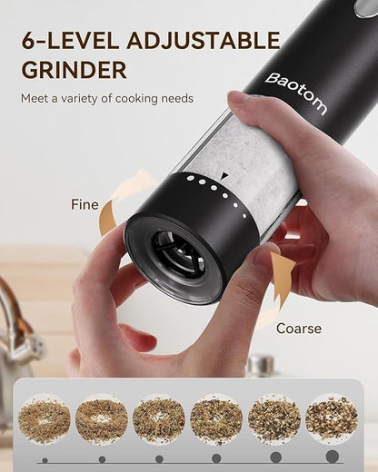Electric Salt and Pepper Grinder Set with Dual Charging Base, 6 Adjustable Coarseness Levels & External Grind Settings, One-handed Operation Salt and Pepper Mills with LED Light,Black & White
