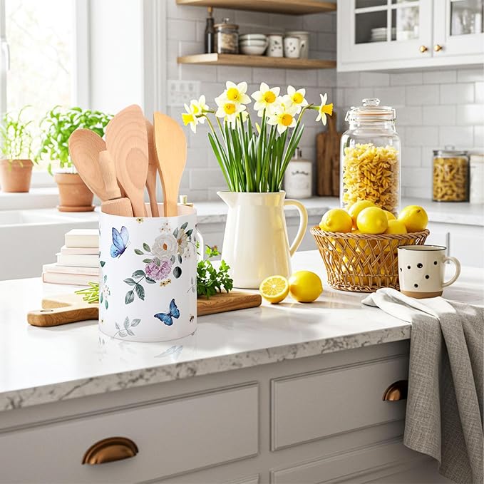WILLBOND Butterfly Spring Kitchen Decor Acrylic Butterfly Kitchen Utensil Holder Crock Spoon Organizer for Countertop Table Decor Coffee Spoon Holder Jar for Cooking Tools