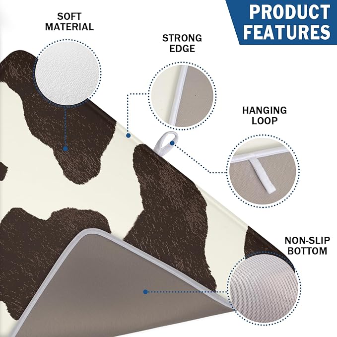 Milk Cow Drying Mat 24x18 Inch, Brown White Cowhide Drying Mat with Absorbent Reversible Microfiber, Cattle Fur Farmhouse Dish Drainer Mats Summer Rack Pad for Coffee Countertop Kitchen Protector