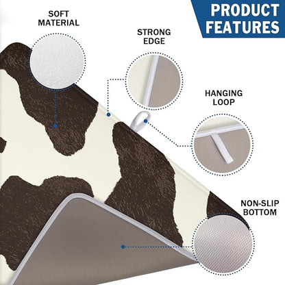 Milk Cow Drying Mat 24x18 Inch, Brown White Cowhide Drying Mat with Absorbent Reversible Microfiber, Cattle Fur Farmhouse Dish Drainer Mats Summer Rack Pad for Coffee Countertop Kitchen Protector