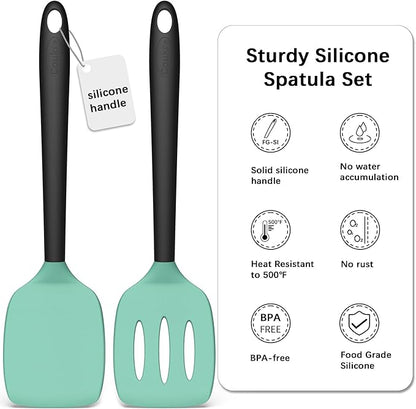 Coukre 2 Pack Silicone Spatula Set, High Heat Resistant, BPA Free Kitchen Spatula, Solid & Slotted Turner for Non-Stick Pans, Sautéing, and Flipping (2, AquaGreenBlack) - Image 3