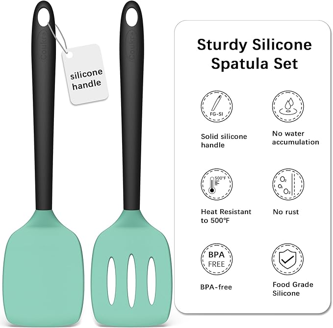 Coukre 2 Pack Silicone Spatula Set, High Heat Resistant, BPA Free Kitchen Spatula, Solid & Slotted Turner for Non-Stick Pans, Sautéing, and Flipping (2, AquaGreen) - Image 2