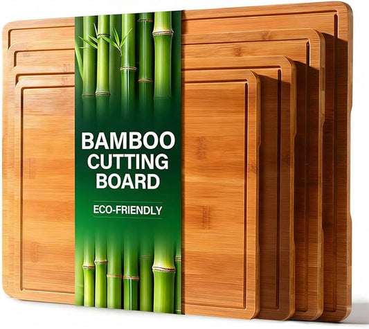 Zarler Bamboo Cutting Boards for Kitchen, 4 Piece Durable Wood Cutting Board with Juice Grooves and Handles, Wooden Chopping Board Set for Meal Prep, 500℉ Carbonized Bamboo, Ideal Kitchen Gift by ZarlerOfficial