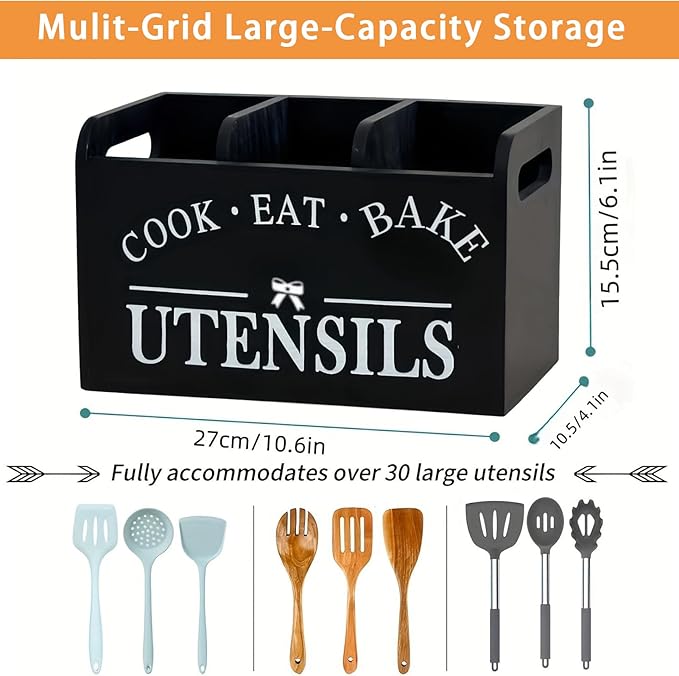 Utensil Holder,Wooden Utensil Holder for Kitchen Counter, Cooking Utensil Organizer with 3 Compartments,Utensil Crock for Silverware Spoon Spatula - Image 3