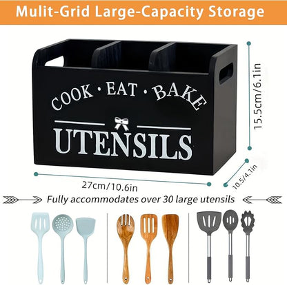 Utensil Holder,Wooden Utensil Holder for Kitchen Counter, Cooking Utensil Organizer with 3 Compartments,Utensil Crock for Silverware Spoon Spatula - Image 3