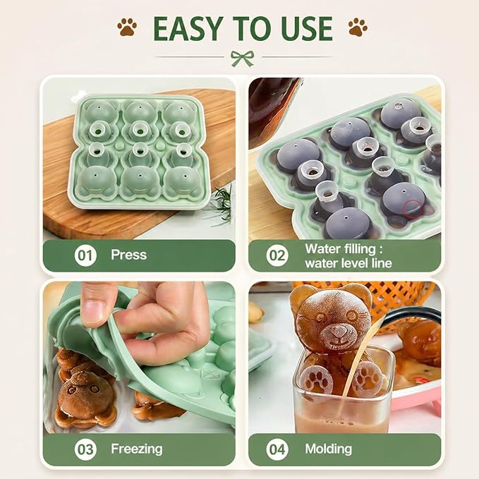 Bear Ice Cube Tray Mold - 3D Bear Shape Ice Cube Trays, Cute Ice Cube Molds for Whiskey Bourbon, 4-Hole Large Fun Shapes Ice Cube Trays, Funny Gifts for Animals Lovers Women Men