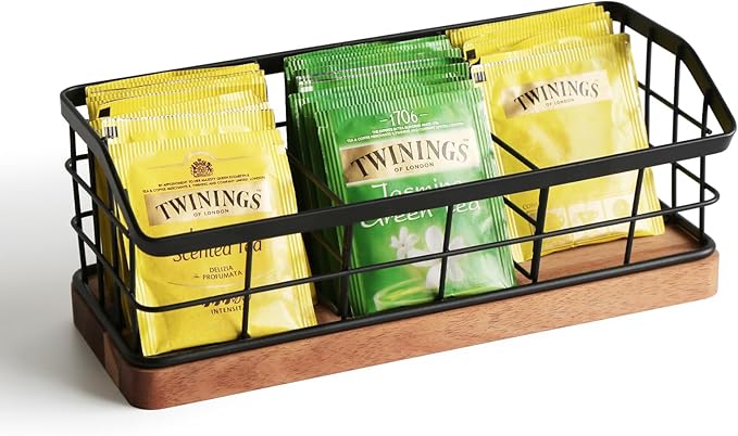 WILDMOS Tea Bag Organizer,Iron Wire Basket with Wooden Base.Tea Storage Containers with 3 Slots,Sugar Packet,Tea Bar Accessories for Countertop Cabinet Drawer. by WILDMOSENJOYYOURHOME