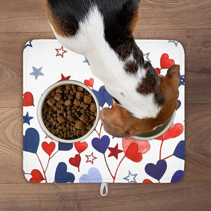 4th of July Dish Drying Mat for Kitchen Counter Patriotic Red Blue Star Love Heart Pattern Microfiber Dish Drainer Mat Independece Day Absorbent Washable Drying Pad 16"x18"