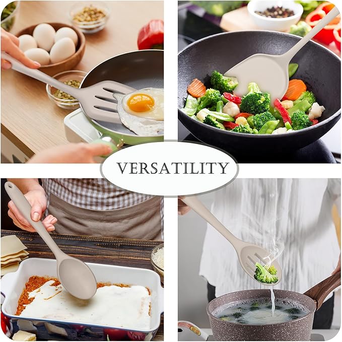 TeamFar Cooking Utensils Set of 4, Silicone Kitchen Utensils, Solid & Slotted Spoons Turners for Cooking/Serving/Frying, Healthy & Seamless Design, Heat-Resistant & Non-Scratch, Dishwasher Safe, Khaki - Image 5