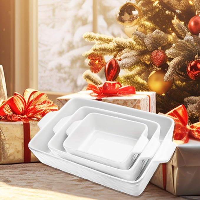 Casserole Dishes for Oven, Ceramic Baking Dishes, Lasagna Pan with Handles, Porcelain Baking Pan Deep, Bakeware for Baking, Cooking, Wedding Gift, Set of 3 (11.6" x 7.8", White) - Image 8