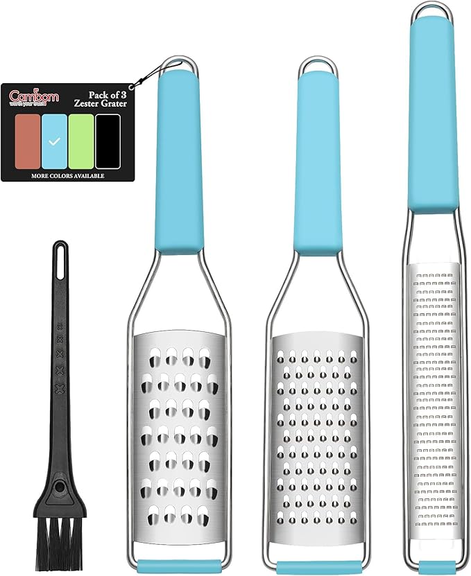 Cambom Cheese Grater Citrus Zester Lemon Zester Pack of 3-304 Stainless Steel - A Sharp Tool for Parmesan Cheese, Ginger, Garlic, Nutmeg, Chocolate, Vegetables，Fruits，Dishwasher Safe Blue by Cambom