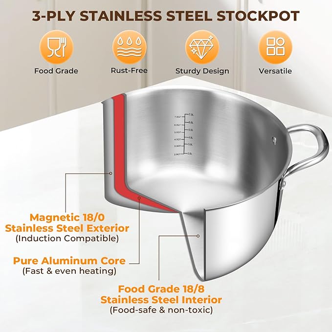 Tri-Ply Stainless Steel Stock Pot, 12 Quart Heavy Duty Induction Cooking Pot with Visible Lid for Pasta, Soup, Spaghetti, Sturdy & Double Handle, Dishwasher Safe - Image 4