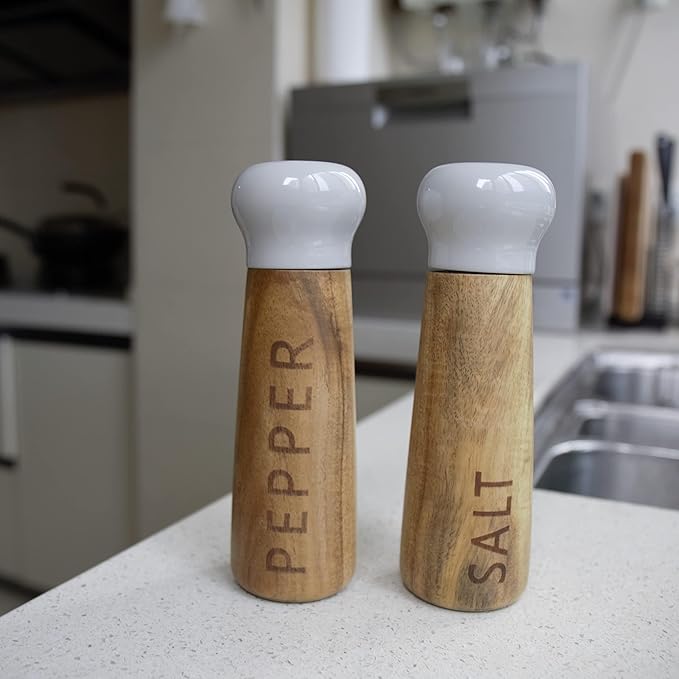 Tessie & Jessie Wooden Salt and Pepper Grinder Set, Premium Acacia Wood, 8" Elegant Refillable Salt Pepper Mill, Salt & Pepper Shakers for Seasoning, Stylish Gift Set (8"+8", Gray)
