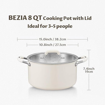 8 Quart Nonstick Stock Pot with Lid, BEZIA Fully-Clad 3-Ply Stainless Steel Pots, Induction Soup Pot with Lid, Kitchen Cooking Pots with Silicone Handle, for All Cooktops, Free of PTFE/PFOA/PFOS