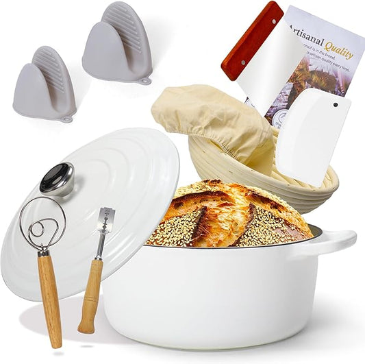 5QT Enameled Cast Iron Dutch Oven for Bread Baking with Lid, Sourdough Baking Supplies with Proofing Basket, Bread Making Tools Set, Heavy-Duty Cookware for Braising, Stews, Roasting (White)
