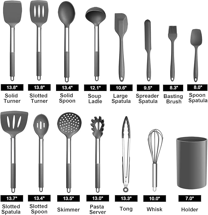 LIANYU 15-Piece Cooking Kitchen Utensils Set with Holder, Silicone Kitchen Tools Stainless Steel Handle, Slotted Spatula Spoon Turner Tong Whisk Brush for Cooking, Gray - Image 2