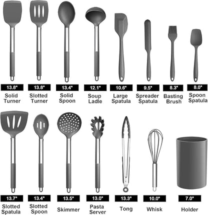 LIANYU 15-Piece Cooking Kitchen Utensils Set with Holder, Silicone Kitchen Tools Stainless Steel Handle, Slotted Spatula Spoon Turner Tong Whisk Brush for Cooking, Gray - Image 2