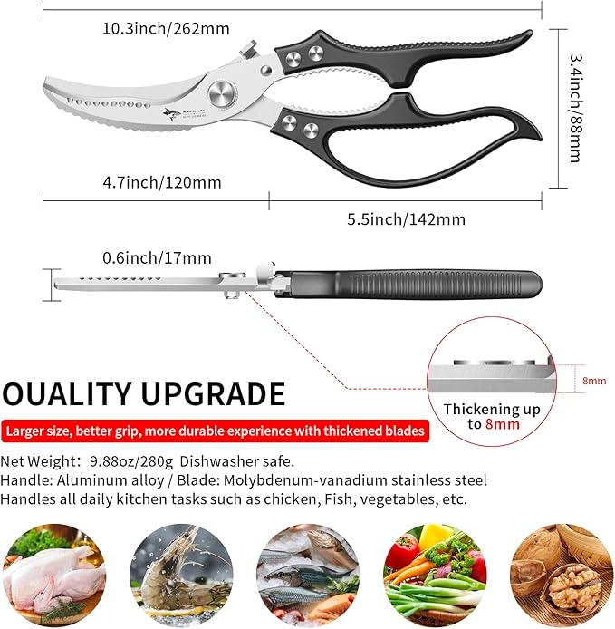 MAD SHARK Professional Heavy Duty Poultry Shears - Kitchen Shears for Spatchcocking Chicken and Meat Cutting, Multi-Purpose Kitchen Scissors for Food, Spring-loaded (Black) - Image 2