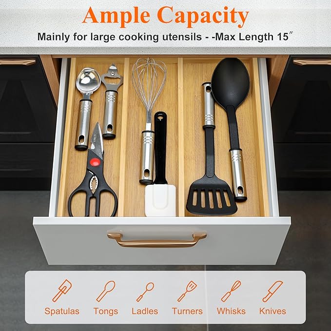 Large Bamboo Silverware Drawer Organizer Tray Kitchen Tool Drawer Divider Organizers Storage Expandable Cooking Utensil Organizer Wooden Cutlery Tray Spoon Flatware Organizers Utensil Holder Drawers - Image 5