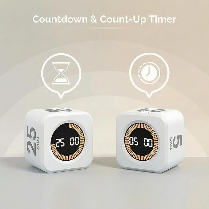 KADAMS Pomodoro Cube Timer Productivity Visual Timer - 5/10/25/50 Min Rotating Countdown (2 Pack Black & White)