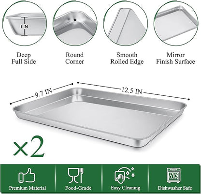 P&P CHEF 12.5 Inch Toaster Oven Pan with Rack Set, Stainless Steel Baking Pan Tray and Grid Cooling Rack for Cooking/Roasting, Dishwasher Safe & Easy to Clean, Non-toxic & Sturdy, (4Pcs)