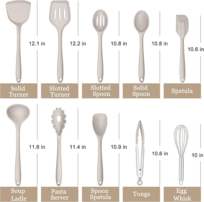 E-far 10 Pieces Silicone Cooking Utensils Set, Heat Resistant Kitchen Utensil Set for Nonstick Cookware, Kitchen Cooking Tools with Spatula, Spoon, Slotted Turner, Non-Toxic & Dishwasher Safe (Khaki) - Image 2