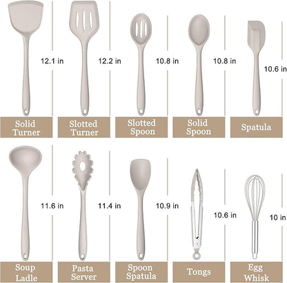 E-far 10 Pieces Silicone Cooking Utensils Set, Heat Resistant Kitchen Utensil Set for Nonstick Cookware, Kitchen Cooking Tools with Spatula, Spoon, Slotted Turner, Non-Toxic & Dishwasher Safe (Khaki) - Image 2