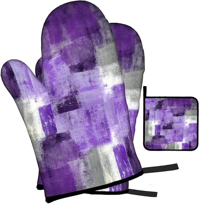LOKMU Oven Mitts and Pot Holders Set of 3, Purple and Grey White Abstract Art Heat Resistant Kitchen Gloves Hot Pads for Cooking Baking BBQ, Kitchen Decor Gifts for Cooking Lover Cooks