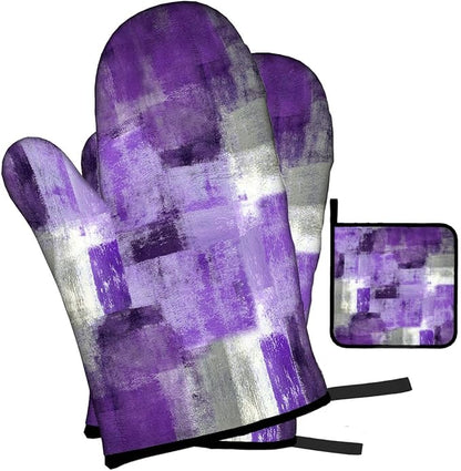 LOKMU Oven Mitts and Pot Holders Set of 3, Purple and Grey White Abstract Art Heat Resistant Kitchen Gloves Hot Pads for Cooking Baking BBQ, Kitchen Decor Gifts for Cooking Lover Cooks