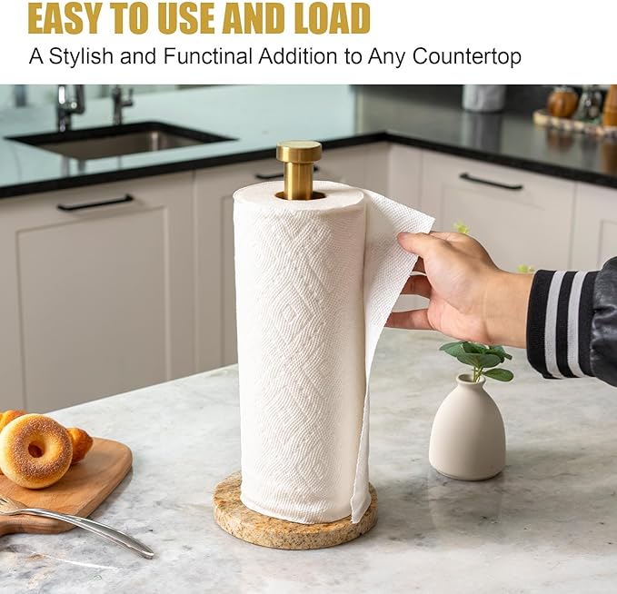 Koville Paper Towel Holder Countertop, Standing Paper Roll Holder with 6" Weighted Marble Base, Stone Paper Towel Holder with Gold Stainless Steel Rod for Kitchen Bathroom (Golden River)