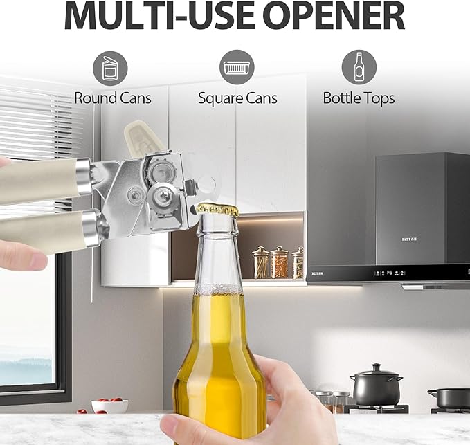 Safring Can Opener Manual, Heavy Duty Handheld Strong Can Opener with Soft Touch Handle, Sharp Blade Smooth Edge, Can Openers with Multifunctional Bottle Opener, Beige - Image 5