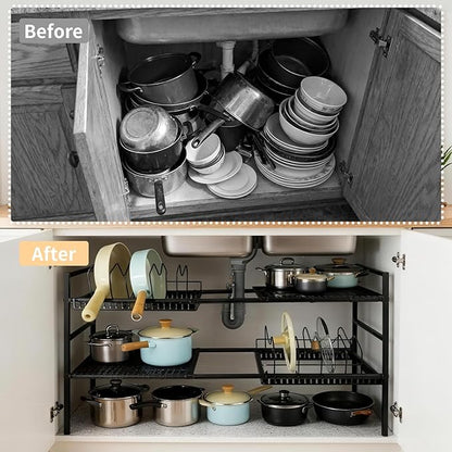 Pots and Pans Organizer Under Cabinet, Expandable Length, Adjustable Height Under Sink Shelf 2 Tier with 10 Dividers Under Cabinet Shelf, Pot and Pan Lid Holder Rack (Black)
